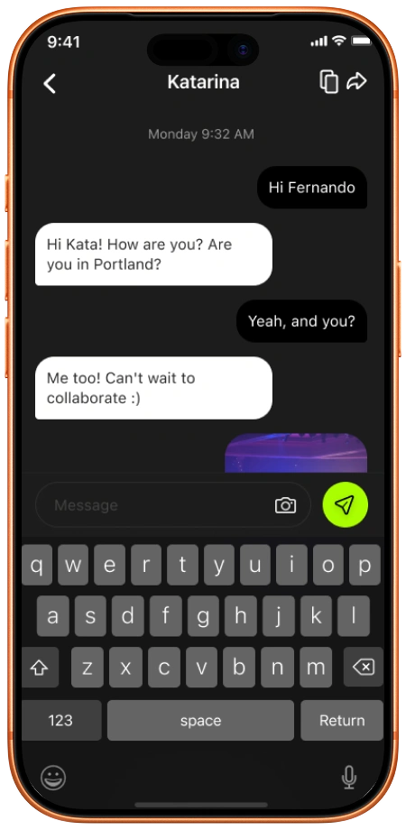 Ballroom app showing a chat conversation between users