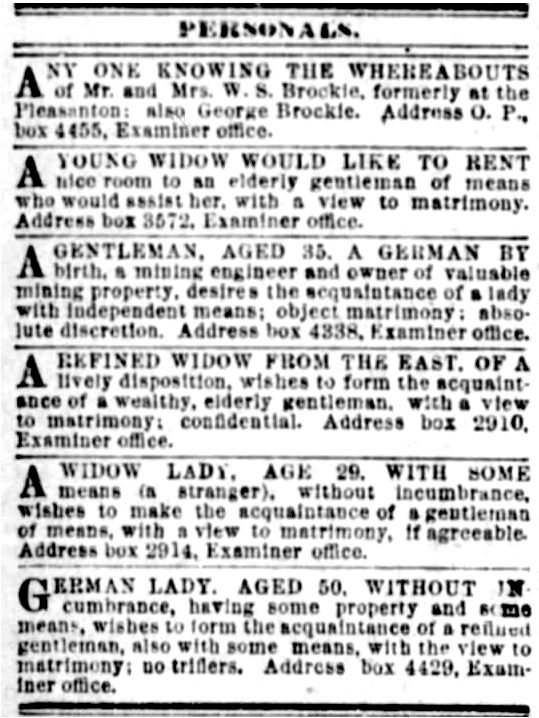 Personal ads from The San Francisco Examiner from 1894. PUBLIC DOMAIN